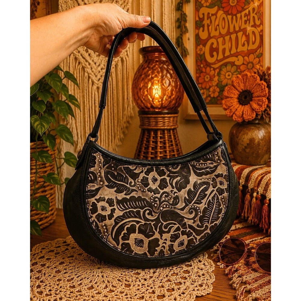 Tre Vero Floral Tapestry Shoulder Bag Black Faux Leather Purse Boho Chic VTG